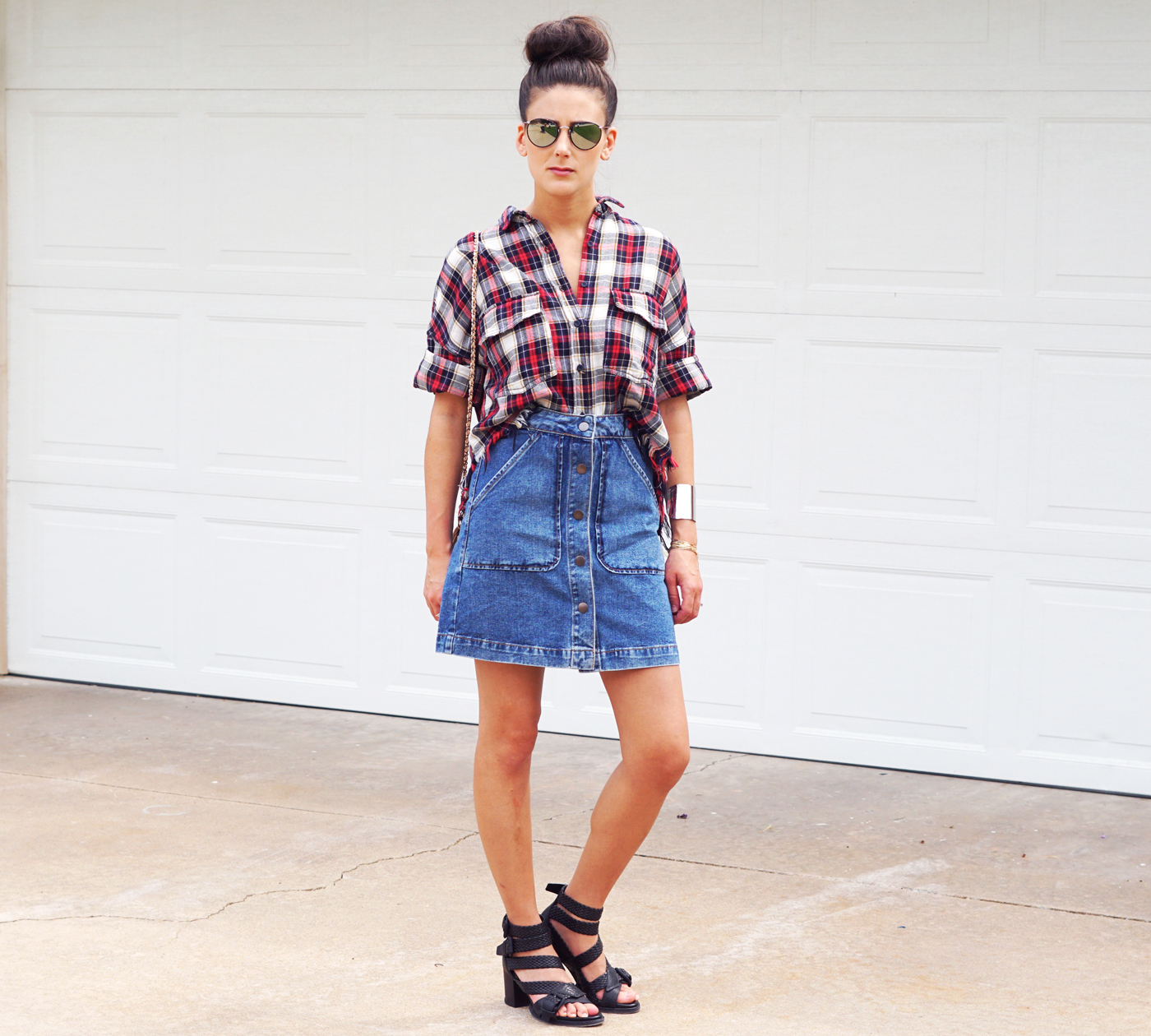 Checkered store denim skirt