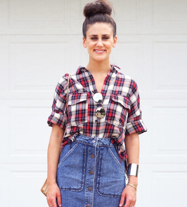 Flannel shirt with denim skirt sale