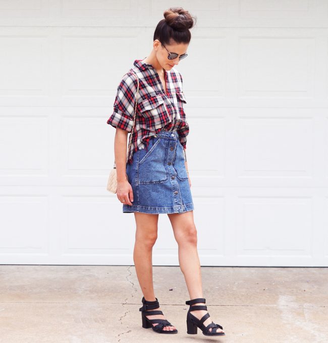 Gingham and outlet heels denim skirt