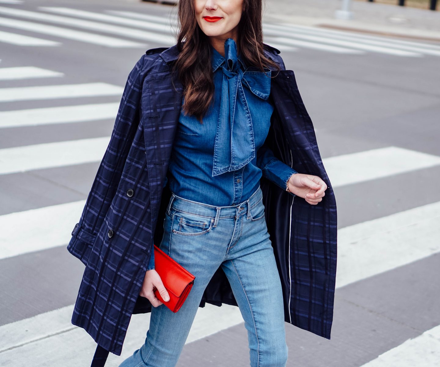 I'm over on TheDandyLiar.com talking about denim. I'm loving this new pair I bought from Banana Republic that has a frayed hem and fits in all the right places. I also paired it with a denim bow tie top and navy plaid trench coat.