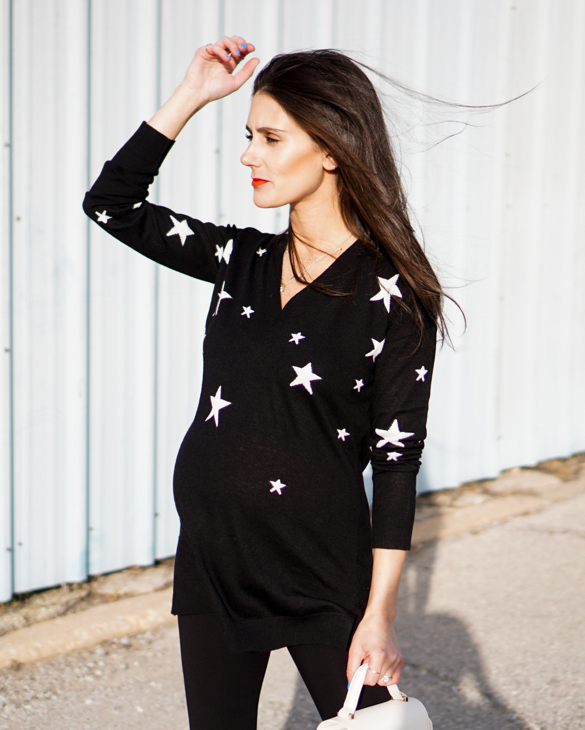 I'm on thedandyliar.com, styling this star intarsia knit sweater and black leggings from Isabella Oliver in my third trimester! The best part? They can be worn after pregnancy, which for me is in less than a week!